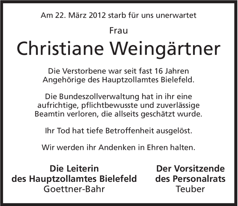  Traueranzeige für Christiane Weingärtner vom 28.03.2012 aus Mindener Tageblatt