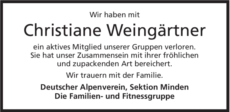 Traueranzeige für Christiane Weingärtner vom 30.03.2012 aus Mindener Tageblatt