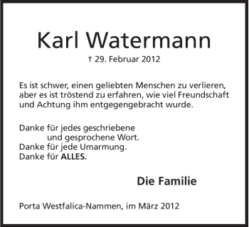 Anzeige von Karl Watermann von Mindener Tageblatt