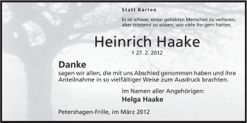 Anzeige von Heinrich Haake von Mindener Tageblatt