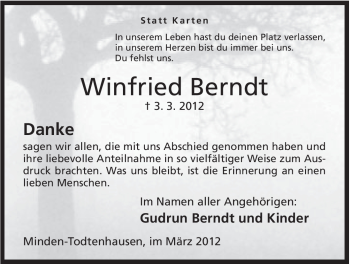 Anzeige von Winfried Berndt von Mindener Tageblatt