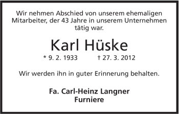 Anzeige von Karl Hüske von Mindener Tageblatt