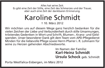 Anzeige von Karoline Schmidt von Mindener Tageblatt