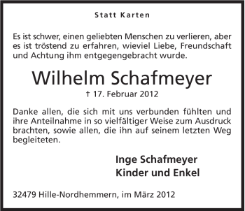 Anzeige von Wilhelm Schafmeyer von Mindener Tageblatt