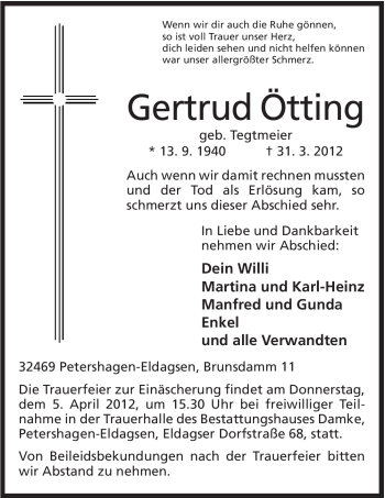 Anzeige von Gertrud Ötting von Mindener Tageblatt