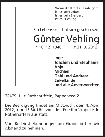 Anzeige von Günter Vehling von Mindener Tageblatt