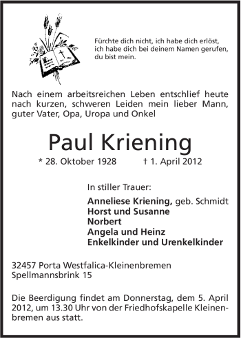 Anzeige von Paul Kriening von Mindener Tageblatt
