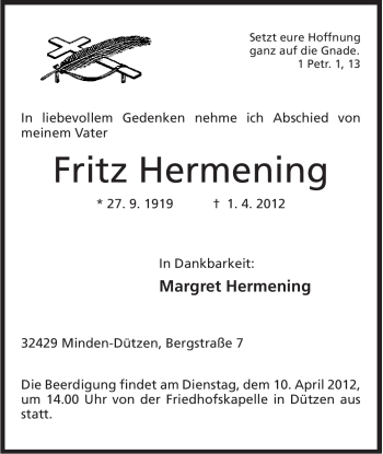 Anzeige von Fritz Hermening von Mindener Tageblatt