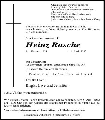 Anzeige von Heinz Rasche von Mindener Tageblatt