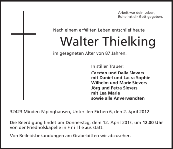 Anzeige von Walter Thielking von Mindener Tageblatt