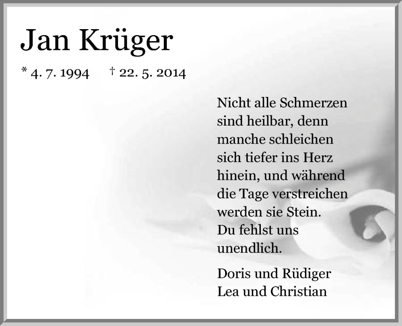  Traueranzeige für Jan Krüger vom 23.05.2015 aus Mindener Tageblatt