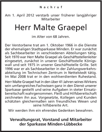 Anzeige von Malte Graepel von Mindener Tageblatt