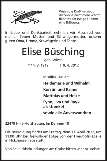 Anzeige von Elise Büsching von Mindener Tageblatt