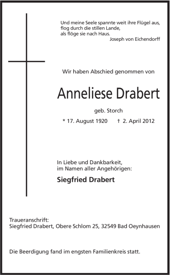 Anzeige von Anneliese Drabert von Mindener Tageblatt