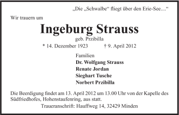 Anzeige von Ingeburg Strauss von Mindener Tageblatt