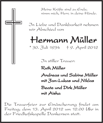 Anzeige von Hermann Müller von Mindener Tageblatt