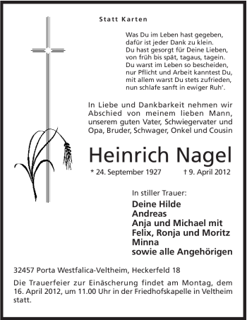 Anzeige von Heinrich Nagel von Mindener Tageblatt