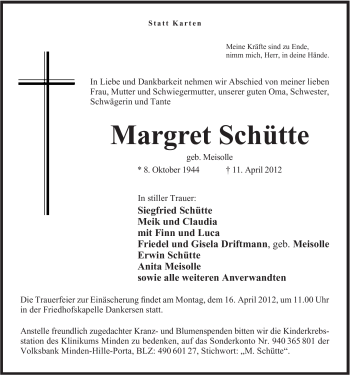 Anzeige von Margret Schütte von Mindener Tageblatt