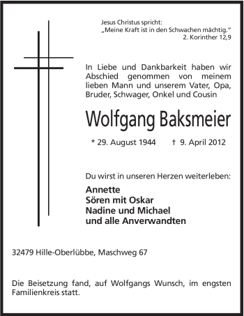 Anzeige von Wolfgang Baksmeier von Mindener Tageblatt