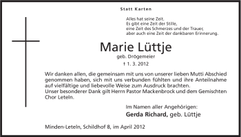 Anzeige von Marie Lüttje von Mindener Tageblatt