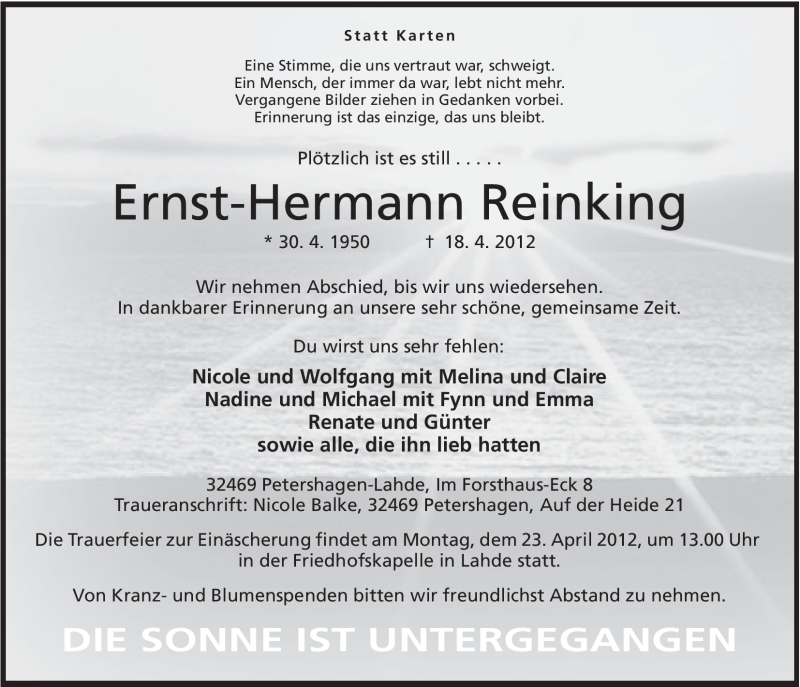  Traueranzeige für Ernst-Hermann Reinking vom 19.04.2012 aus Mindener Tageblatt