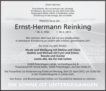 Anzeige von Ernst-Hermann Reinking von Mindener Tageblatt