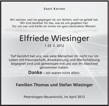 Anzeige von Elfriede Wiesinger von Mindener Tageblatt