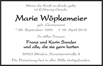Anzeige von Marie Wöpkemeier von Mindener Tageblatt