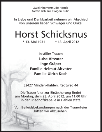 Anzeige von Horst Schicksnus von Mindener Tageblatt