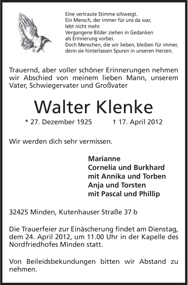  Traueranzeige für Walter Klenke vom 20.04.2012 aus Mindener Tageblatt