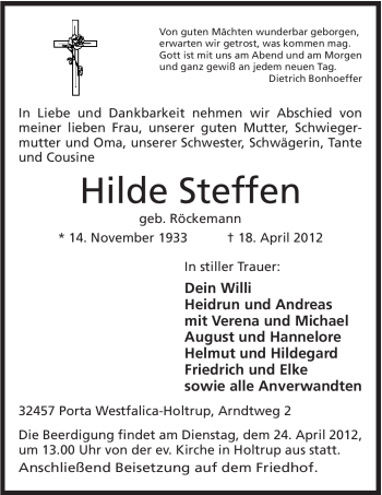 Anzeige von Hilde Steffen von Mindener Tageblatt