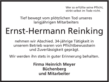 Anzeige von Ernst-Hermann Reinking von Mindener Tageblatt