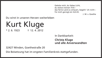 Anzeige von Kurt Kluge von Mindener Tageblatt