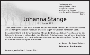 Anzeige von Johanna Stange von Mindener Tageblatt