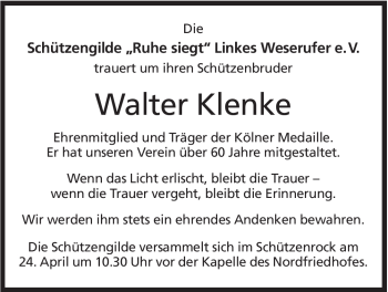 Anzeige von Walter Klenke von Mindener Tageblatt