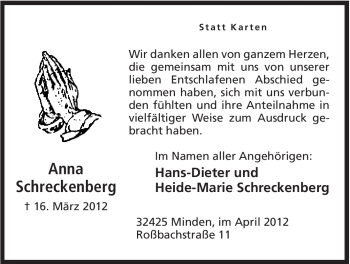 Anzeige von Anna Schreckenberg von Mindener Tageblatt
