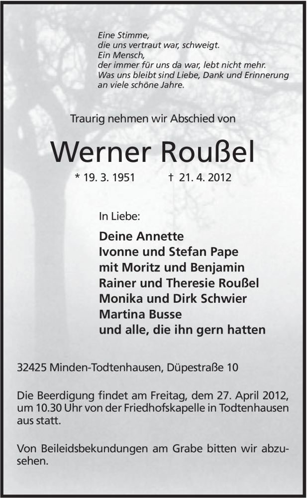  Traueranzeige für Werner Roußel vom 23.04.2012 aus Mindener Tageblatt