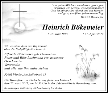 Anzeige von Heinrich Bökemeier von Mindener Tageblatt