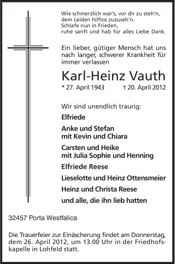 Anzeige von Karl-Heinz Vauth von Mindener Tageblatt