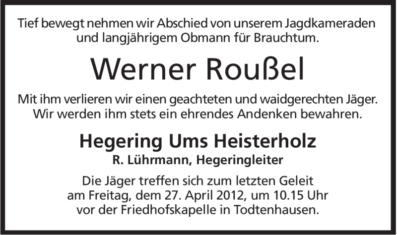  Traueranzeige für Werner Roußel vom 24.04.2012 aus Mindener Tageblatt