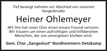 Anzeige von Heiner Ohlemeyer von Mindener Tageblatt