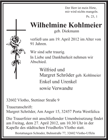 Anzeige von Wilhelmine Kohlmeier von Mindener Tageblatt