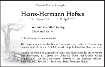 Anzeige von Heinz-Hermann Hofses von Mindener Tageblatt