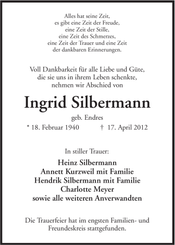 Anzeige von Ingrid Silbermann von Mindener Tageblatt