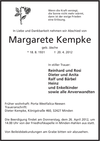 Anzeige von Margarete Kempke von Mindener Tageblatt