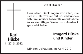 Anzeige von Karl Hüske von Mindener Tageblatt