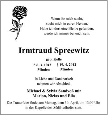 Anzeige von Irmtraud Spreewitz von Mindener Tageblatt