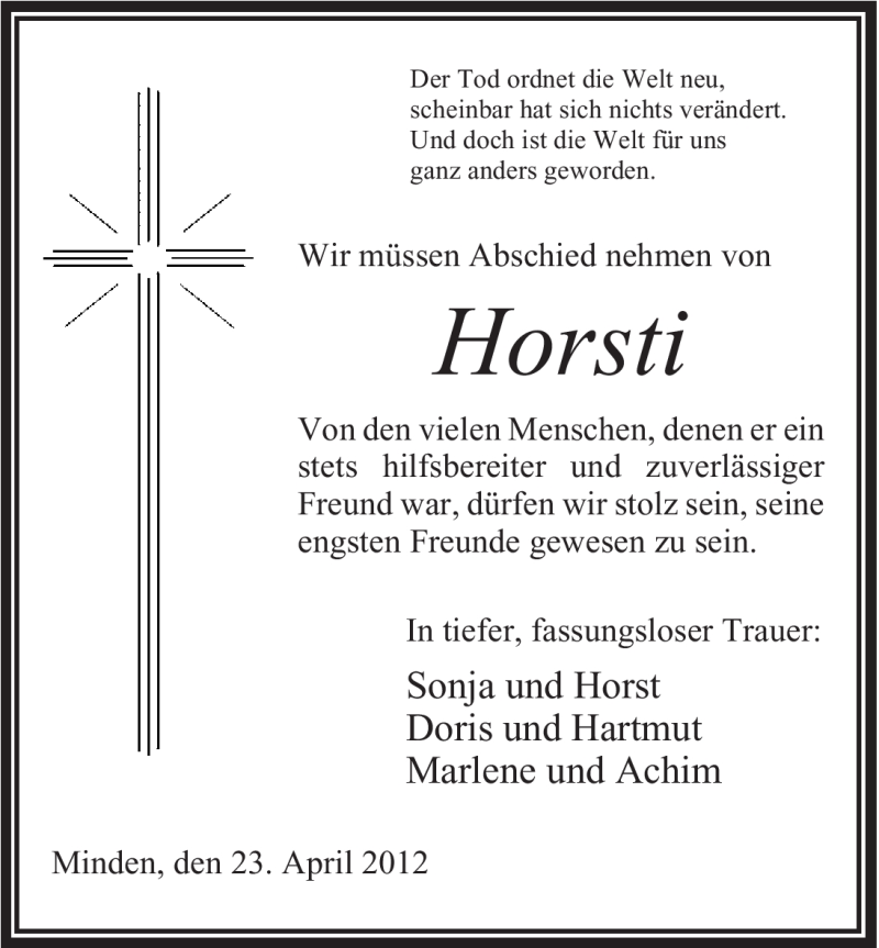  Traueranzeige für Horst Beyenbach vom 25.04.2012 aus Mindener Tageblatt