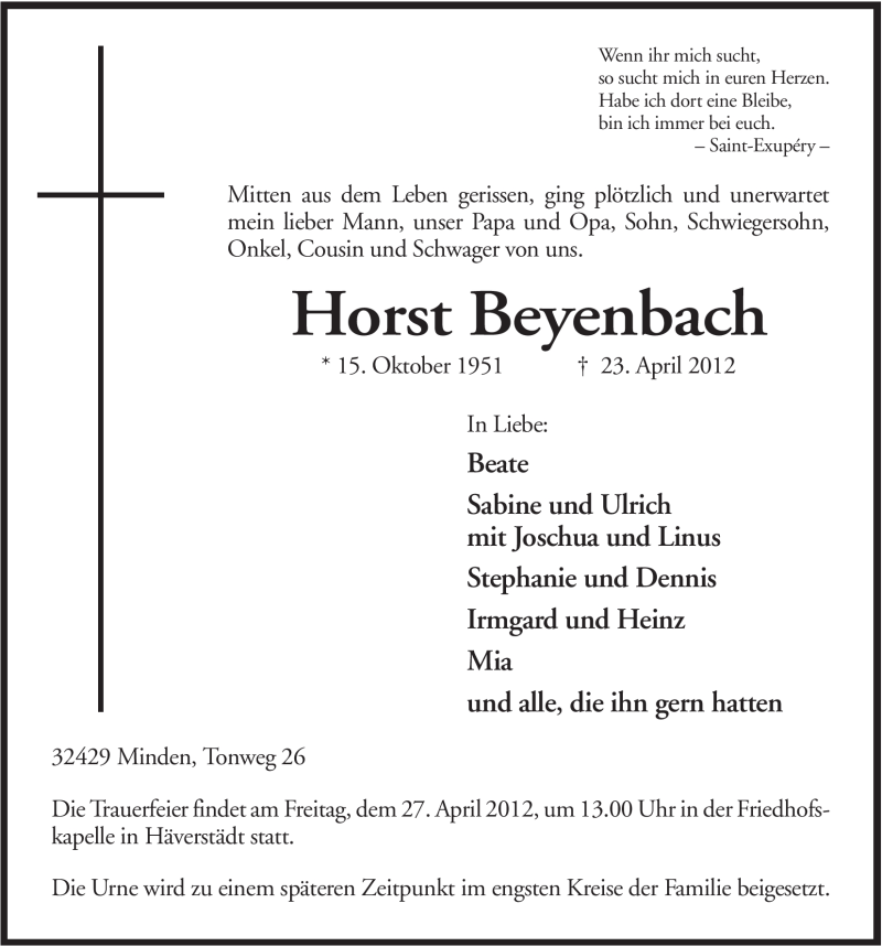  Traueranzeige für Horst Beyenbach vom 25.04.2012 aus Mindener Tageblatt