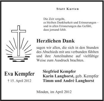 Anzeige von Eva Kempfer von Mindener Tageblatt